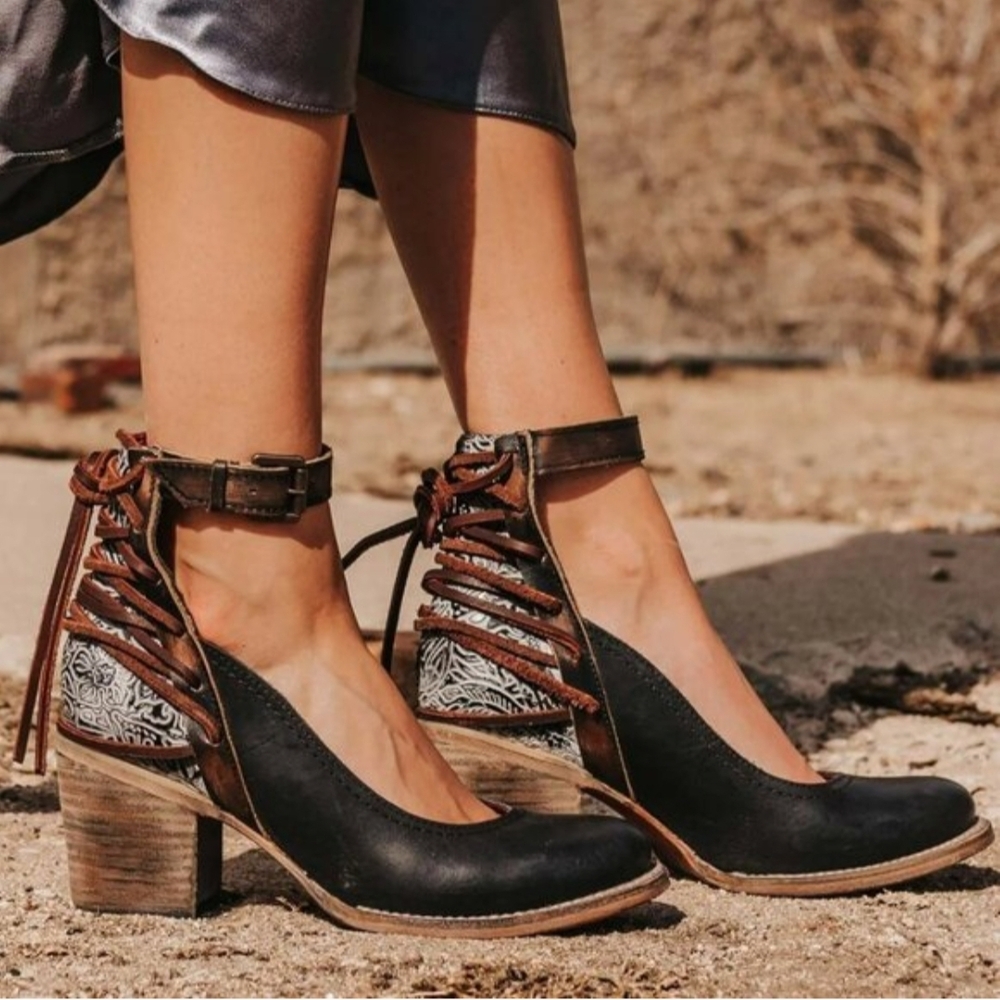 freebird Black and Brown Lace-Up Ankle Strap Heeled Boots